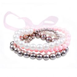 ENS 4 BRACELETS ROSE/ARGENT/PERLE